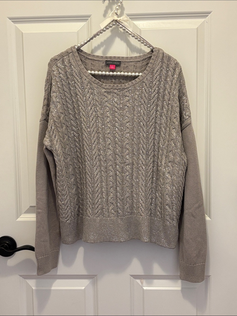 Vince Camuto Metallic Taupe Cable Knit Sweater~Large